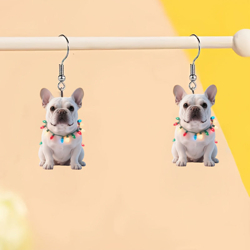 Christmas French Bulldog Earrings with Colorful Lights