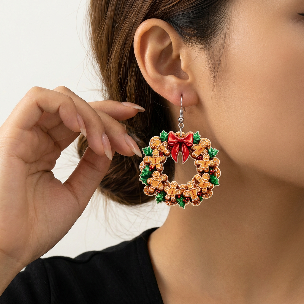 Gingerbread Man Christmas Wreath Earrings