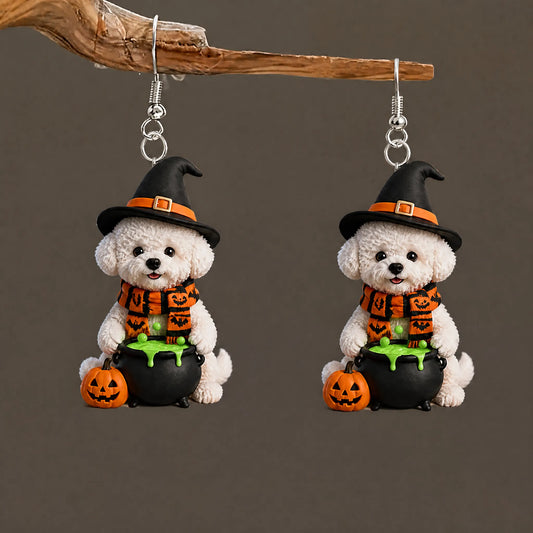 Poodle Puppy Witch Hat Bat Scarf Magic Cauldron Halloween Earrings