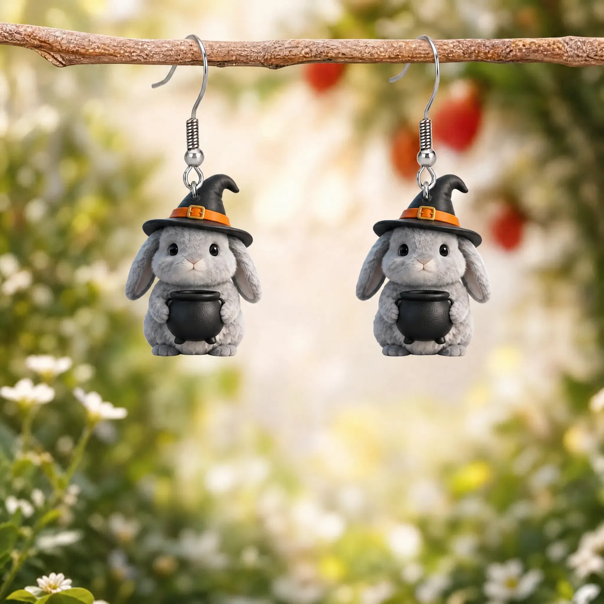 Fluffy Grey Bunny Witch Hat With Black Cauldron Halloween Earrings