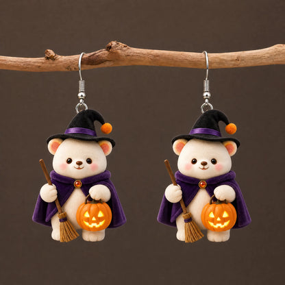 Witch White Bear Halloween Pumpkin Earrings