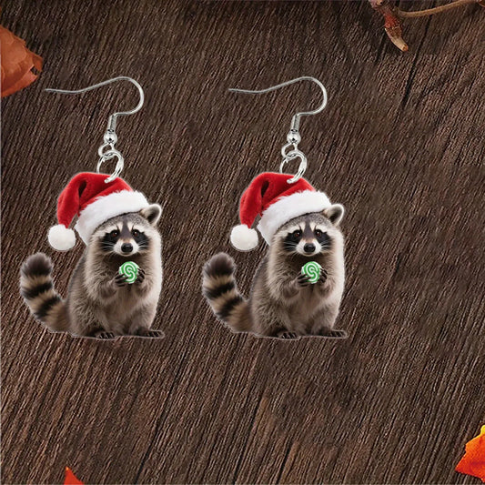 Christmas Raccoon Earrings - Red Hat & Green Candy Design
