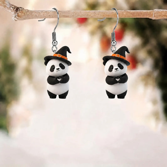 Kawaii Panda Witch Hat Making Heart Gesture Halloween Earrings