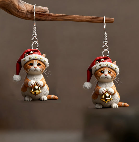 Christmas Yellow Kitten Hand-Held Bell Earrings