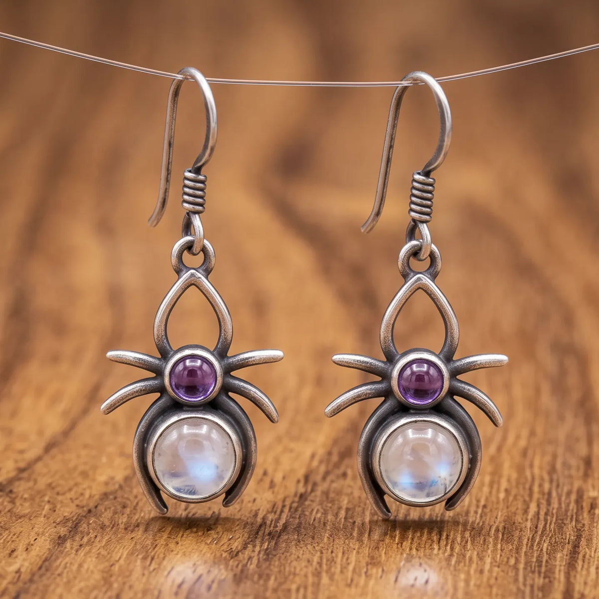 Vintage Spider Moonstone Amethyst Drop Earrings