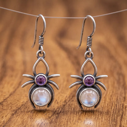 Vintage Spider Moonstone Amethyst Drop Earrings