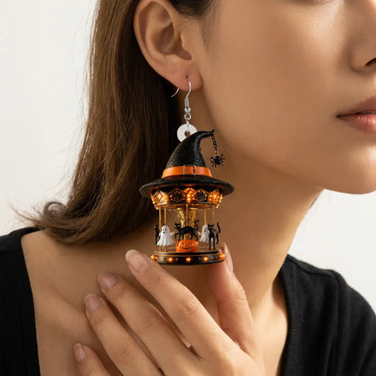 Witch Hat Carousel With Ghost Halloween Earrings