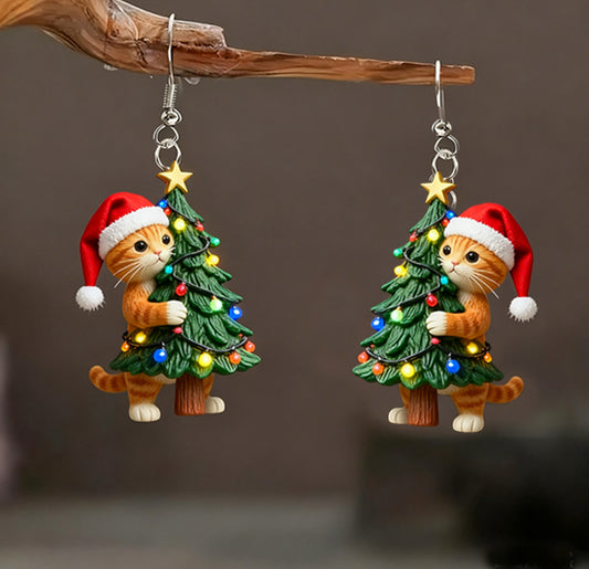 Christmas Cat Holding Christmas Tree Earrings