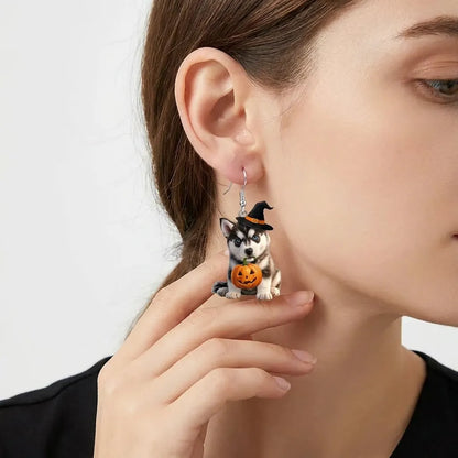 Husky Puppy Witch Hat Bite Jack O Lantern Pumpkin Halloween Earrings