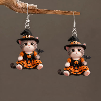 Gray Tabby Cat Witch Dress Bat Wand Pumpkin Bucket Halloween Earrings