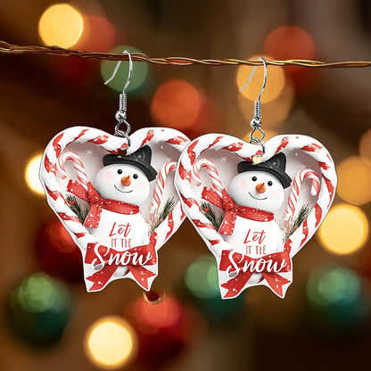 Christmas Large Heart-Shaped Snowman & Candy Cane Dangle Earrings