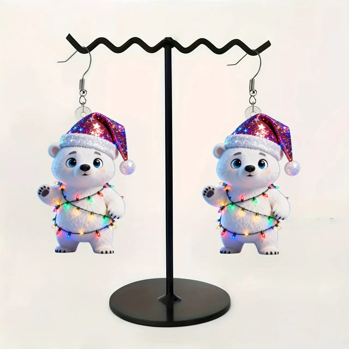 Christmas Cute Polar bear with Santa Hat & Twinkling Earrings