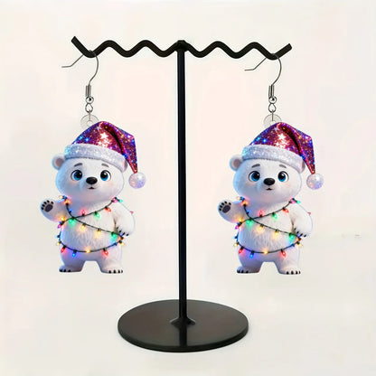 Christmas Cute Polar bear with Santa Hat & Twinkling Earrings