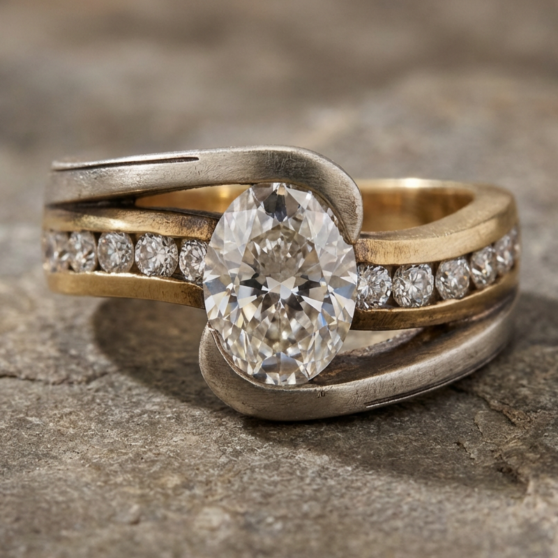 Two Tone Inlaid Goose Egg Shaped Zircon Ring