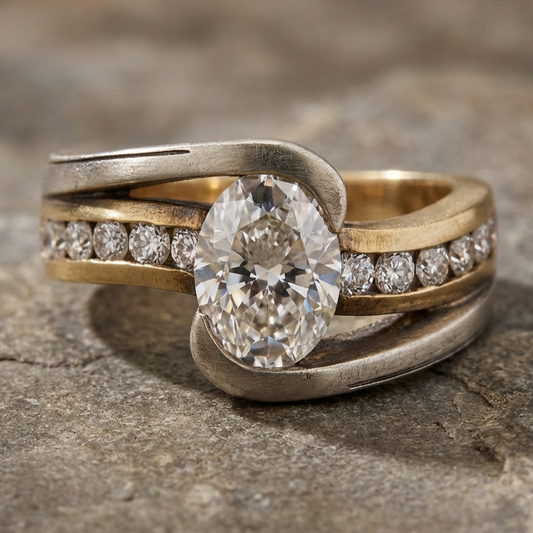 Two Tone Inlaid Goose Egg Shaped Zircon Ring