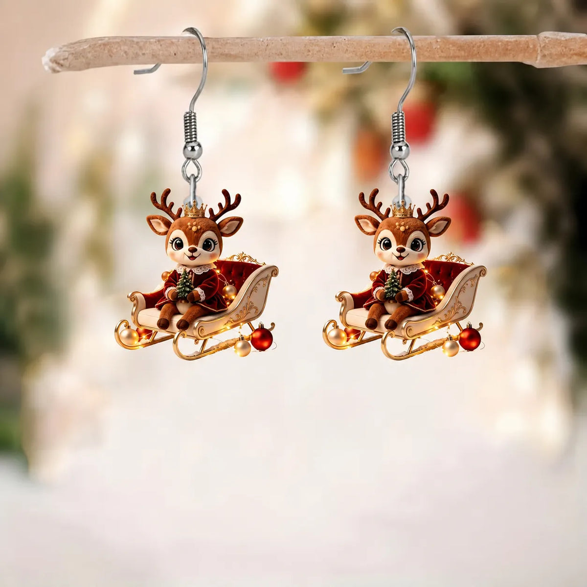 Crown Reindeer On Christmas Sleigh Dangle Earrings