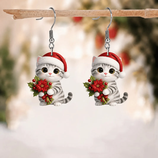 Christmas Kitten With Poinsettia Bouquet Dangle Earrings