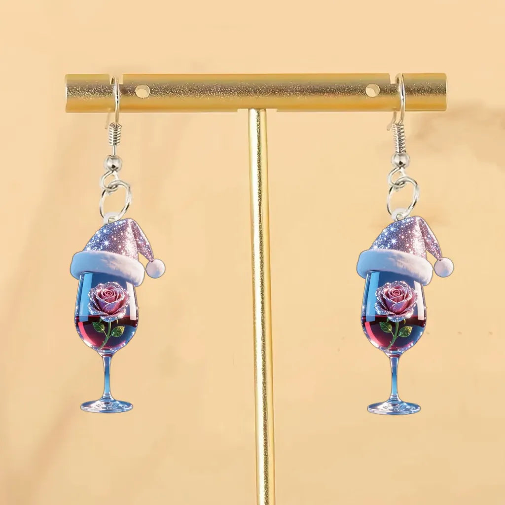 Christmas Wine Glass Earrings with Wine Pink Rose