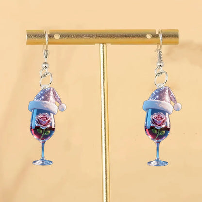 Christmas Wine Glass Earrings with Wine Pink Rose