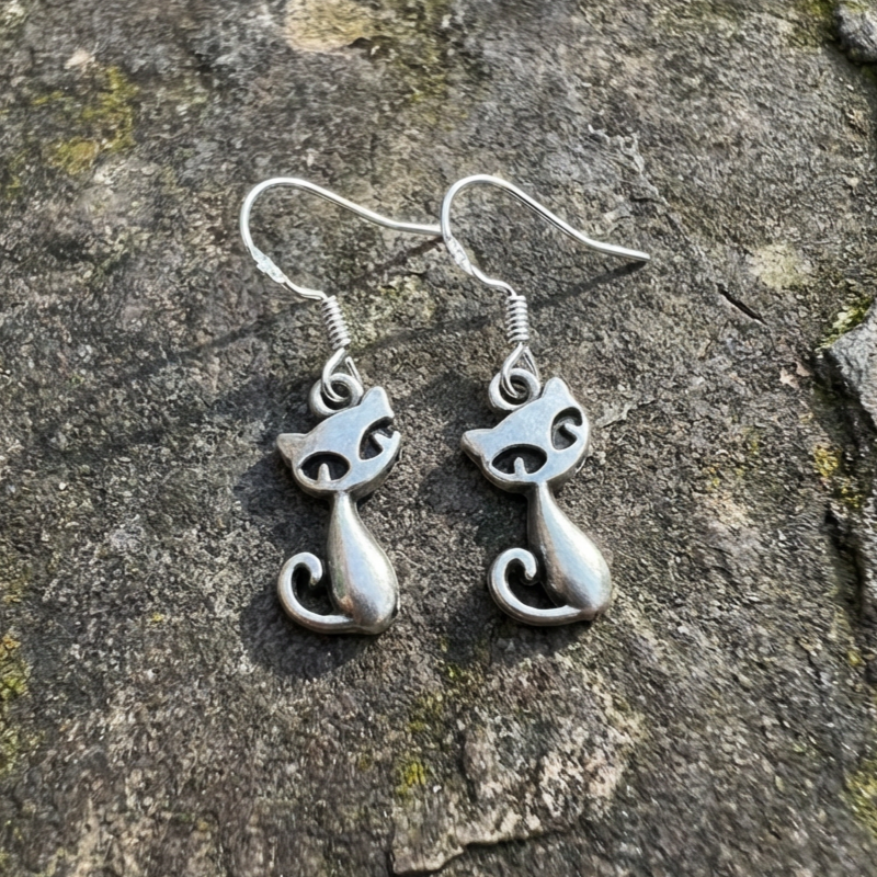 Vintage Tiny Cat Statement Dangle Hoop Earrings
