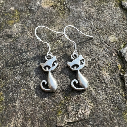 Vintage Tiny Cat Statement Dangle Hoop Earrings