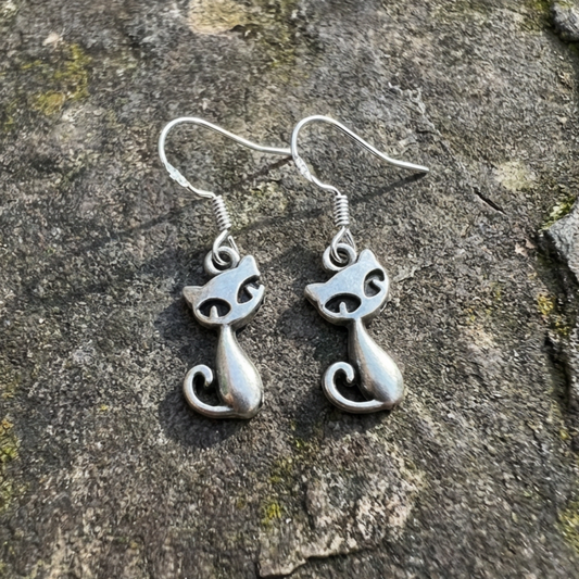 Vintage Tiny Cat Statement Dangle Hoop Earrings