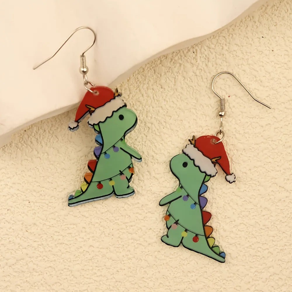 Christmas Green Dinosaur Santa Hat Earrings