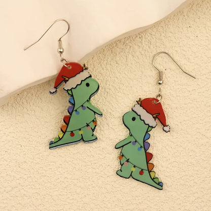 Christmas Green Dinosaur Santa Hat Earrings