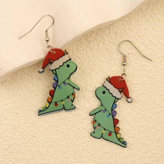 Christmas Green Dinosaur Santa Hat Earrings