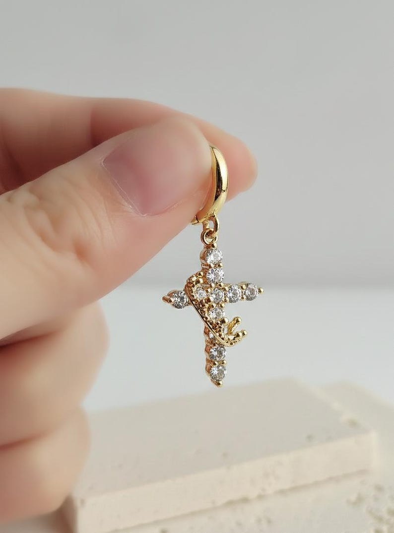 Gold full-diamond cross crown earrings