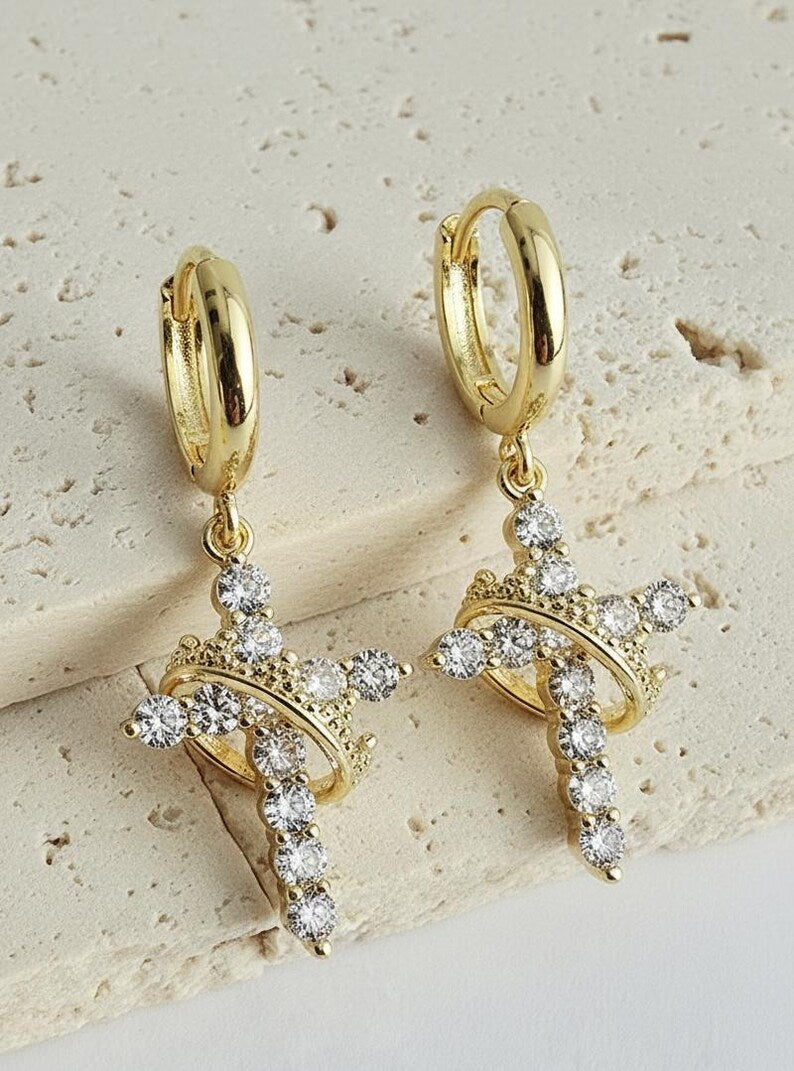 Gold full-diamond cross crown earrings