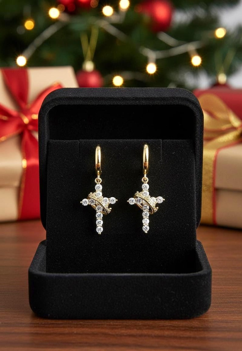 Gold full-diamond cross crown earrings