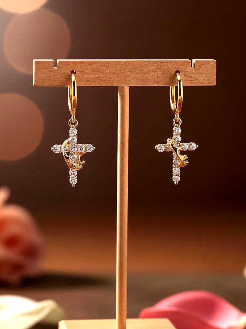 Gold full-diamond cross crown earrings