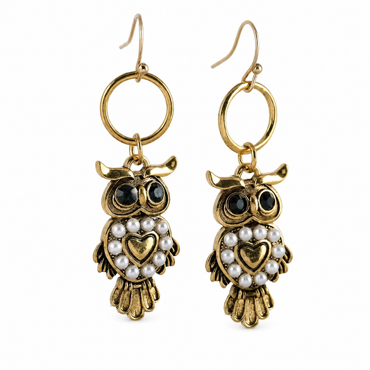 Vintage Antique Metal Carved Owl Pendant Earrings